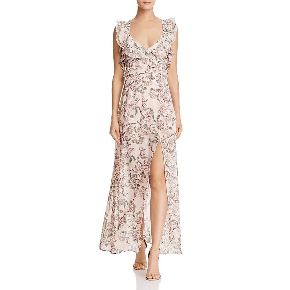 For Love & Lemons Bee Balm Ruffled Maxi Dress Size Medium Lace Ruffles Pink